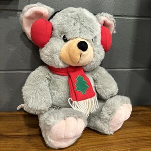 Christmas Mouse Plush Large 19” Gray Stuffed Animal Vintage Earmuffs